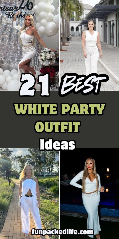 Looking for the perfect white party outfit? From chic dresses to stylish suits, discover 21 stunning ideas to stand out at any event! Whether it's a cocktail party or a summer gathering, these outfits are sure to turn heads. Explore now and find your next show-stopping look! All White Welcome Party Outfits, What To Wear To An All White Party, All White Day Party Outfits Black Women, Cruise White Party Outfit, Summer White Party Outfit, What To Wear To A White Party, All White Event Outfit, All White Party Outfits For Women, Black And White Party Outfit Women