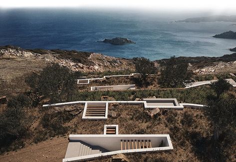 A&M architects nestles three sheltered villas into karpathos, greece Greece Architecture, Slope House, Greece Villa, Karpathos, Greek Island, Types Of Houses, Outdoor Areas, Architecture Firm, Presentation Board