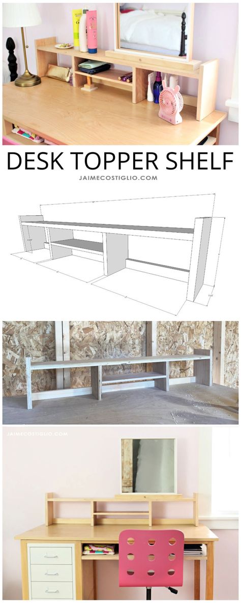 A DIY tutorial to build a simple desk topper shelf made from scrap plywood. Build this desk topper shelf for better organization and use of desk space. #diy #buildathome #scrapwoodprojects Desk Topper Shelf, Woodworking Photography, Wood And Metal Desk, Woodworking Studio, Desk Topper, Tiny Kitchens, Joinery Tools, Better Organization, Awesome Woodworking Ideas