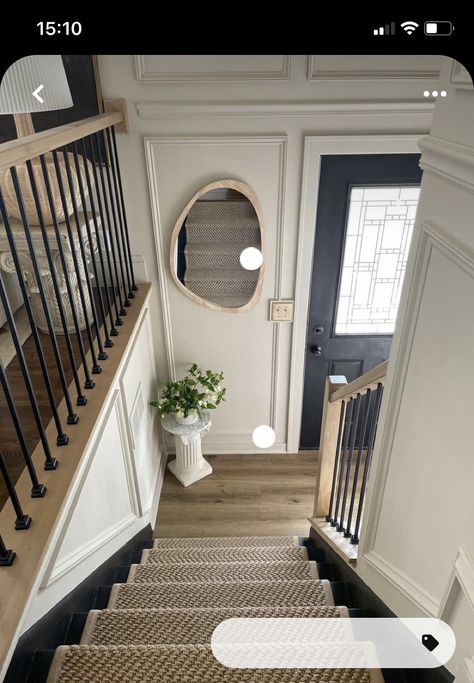 Curved Stair Landing, Split Level Entryway Flooring Ideas, Split Level Stairs Remodel Entryway, Small Front Entryway Ideas With Stairs, Replacing Pony Wall With Railing, Split Level Paint Colors Interiors, Split Entryway Ideas, Raised Ranch Foyer, Split Level Entryway Decor