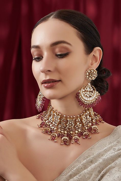 Gold Finish Kundan Polki & Pink Tourmaline Choker Necklace Set Design by Kreart at Pernia's Pop Up Shop 2023 Necklace Set Indian, Choker Necklace Set, Indian Fashion Designers, Pernia Pop Up Shop, Buy Gold, Pop Up Shop, Set Design, Pink Tourmaline, Gold Finish