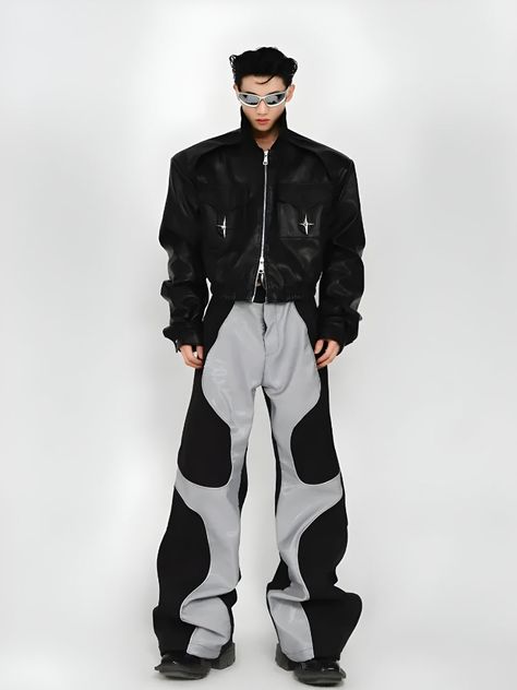 Cyberpunk Patchwork Wide Leg Pants 90s Cyberpunk Fashion, Mugler Men 90s, Asian Cyberpunk Fashion, Y2k Cyberpunk Outfit, Techno Wear Men, Bold Outfits Men, Men Cyberpunk Fashion, Unique Men’s Fashion, Retro Futurism Fashion Men