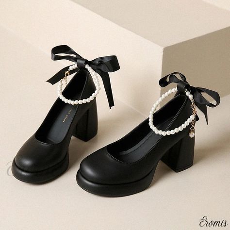 Genuine Soft Leather Mary Jane Pumps with Chunky Heels and Sweet Retro Butterfly Bow Closed Toed Shoes, Cute Black Heels, Mary Jane Shoes Heels, Chunky Pumps, Retro Butterfly, Mary Jane Platform Shoes, Pretty Heels, Heels Aesthetic, Rough Heels