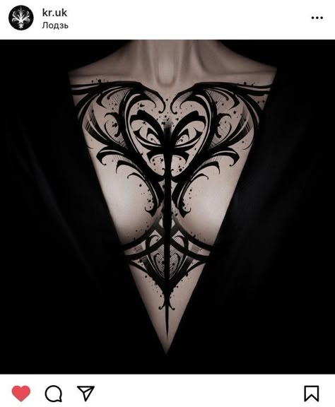 Abstract Wing Tattoo, Dark Ornamental Chest Tattoo, Dark Chest Tattoos For Women, Goth Chest Tattoo Female, Dark Sternum Tattoo, Womens Chestpiece Tattoo, Cool Chest Tattoos For Women, Dark Ornamental Tattoo Design, Black Chest Tattoo