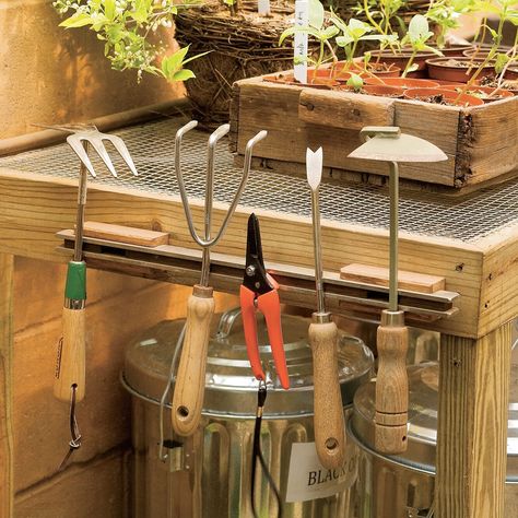 Garden Tool Rack, Garden Organization, Shed Organization, Potting Table, Diy Playground, Small Greenhouse, Garden Tool Storage, Potting Sheds, Magnetic Strip