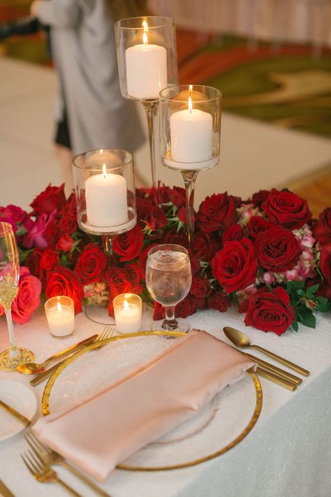 Red Roses Dinner Decor, Red Roses And Gold Centerpieces, Red Table Decorations Wedding, Red Gold White Wedding Theme, Roses And Candles Wedding, Red Roses Table Decor, Red Rose Wedding Centerpieces, Red Candle Centerpieces, Red Roses Wedding Decor