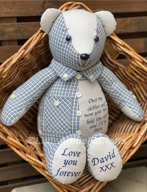 This handsome 18” Signature memory bear is a thoughtful gift from Wendy to her dear friend Pat in memory of Pats much loved and sadly missed husband David. Handmade with love from a shirt & chinos, complete with personalized embroidered verse and keepsake pockets 💙 #memorybears #keepsakebear #handmadewithlove #littleartibellacrafts #yorkshire Memory Bears From Shirts, Memory Animals From Clothes, Homemade Teddy Bears, Memory Bears Pattern Free, Keepsake Teddy Bear, Teddy Bear Patterns Free, Diy Plush Toys, Memory Bears Pattern, Bear Patterns Free