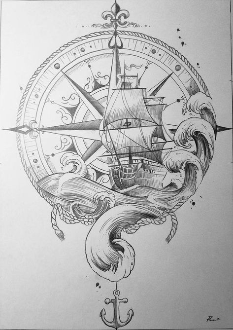 Navy Sailor Tattoo, Peter Pan Ship Tattoo, Tattoo Sleeve Ideas Unique, Pirate Ship Drawing Sketches, Nautical Compass Drawing, Pirate Ship Sketch, Compass Drawing Design, Compass Drawings, Pirate Tattoo Ideas