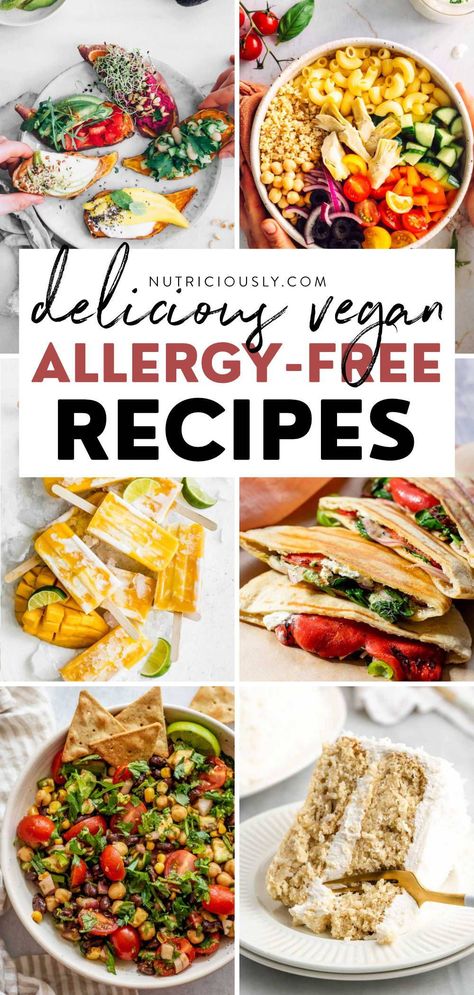 These allergy-friendly recipes are vegan, healthy, easy, and tasty! Find breakfast, lunch, dinner, & snack ideas that are egg-free, nut-free, soy-free, gluten-free, dairy-free, and more. Allergen Free Vegan Recipes, Grain Free Dairy Free Egg Free Nut Free Recipes, Wheat Dairy Nut Free Recipes, Low Sodium Gluten Free Dairy Free Recipes, Dairy And Egg Free Recipes Dinner, Wfpb Gluten Free Recipes, Dairy Egg And Soy Free Recipes, Allergy Friendly Potluck Recipes, Fpies Allergy Recipes