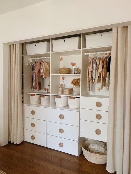 Nursery Closet Magic: Organize & Beautify with Style – Modified Tot Built In Closet For Nursery, Nursery Closet With Curtains, Nursery With Open Closet, Nursery Ideas No Closet, Removing Closet Sliding Doors, Reach In Closet Nursery, Nursery Closet Doors Removed, Nursery Closet Door Ideas, Nursery Closet Sliding Doors