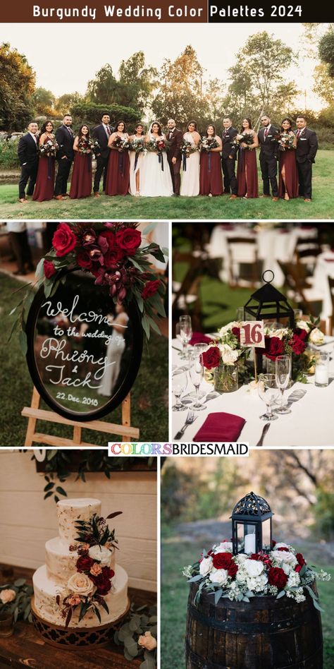 8 Selected Burgundy Wedding Color Combos for 2024 - ColorsBridesmaid Black Green Burgundy Wedding, Black And Burgundy Wedding Party, Black And Burgundy Wedding Dress, Maroon Wedding Color Schemes, Black White And Maroon Wedding, Red Wedding Color Schemes, Burgundy Black And White Wedding, Burgundy Black And Gold Wedding, Wine Red Wedding Theme