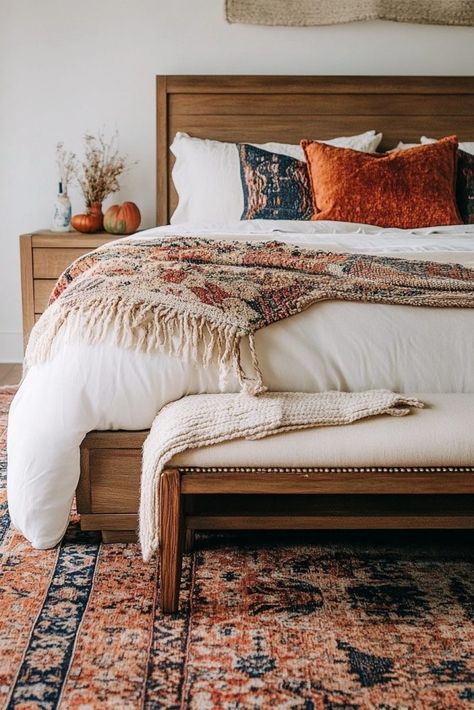 15 Warm and Cozy Fall Bedroom Decor Ideas for a Seasonal Glow-Up Boho Fall Bedroom, Warm Color Palettes, Fall Tray, Halloween Kitchen Decor, Fall Bedroom Decor, Cozy Fall Bedroom, Bedroom Styling, Fall Mantle, Sanctuary Bedroom