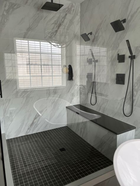 Steam Showers Bathroom Master Bath, Black Tile Bathrooms, Tile Showers, Bathrooms Ideas, Custom Tile Shower, Master Bath Shower, Full Bathroom Remodel, Bathroom Shower Design, Black Tile