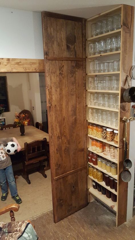 Canning Pantry Storage Organization Ideas, Basement Food Storage Shelves, Diy Food Storage Cabinets, Canning Cabinet Storage, Canning Cabinet Storage Diy, Canning Jar Storage Ideas Diy, Mason Jar Cabinet, Storage Without Pantry, Canning Jar Storage Ideas Shelves