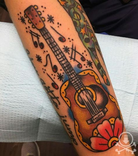 Traditional Guitar Tattoo, Gd Tattoo, German Shepherd Tattoo, Guitar Tattoo Design, Rockabilly Tattoo, Traditional Tattoo Sleeve, Guitar Tattoo, Old School Tattoo Designs, Traditional Tattoo Art