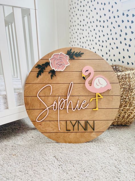 Flamingo Nursery Theme, Walnut Shiplap, Flamingo Baby Nursery, Olive Flower, Flamingo Nursery Decor, Nursery Wood Sign, Flower Topper, Flamingo Nursery, Flamingo Baby Shower