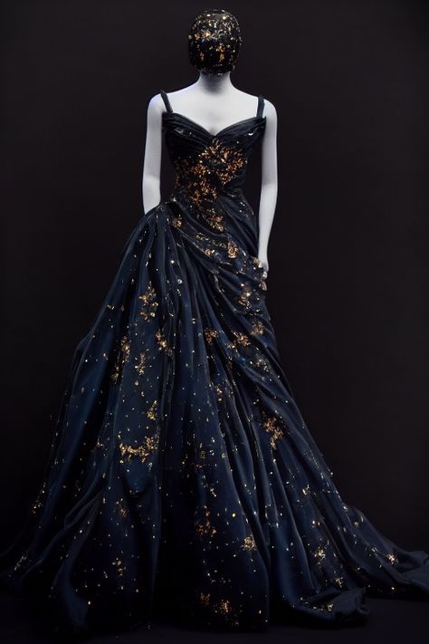 ACOTAR Night Court inspired gown Star Dresses Aesthetic, Night Stars Dress, Out Of This World Prom Dresses, Star Fall Dress Acotar, Black Constellation Dress, Starry Night Dance Theme Dress, Iconic Ball Gowns, Starry Night Dress Gowns, Constellation Ball Gown