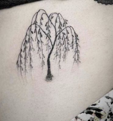 Weeping Willow Tree Tattoo Small Simple, Minimalist Willow Tree Tattoo, Weeping Willow Tattoo Simple, Willow Tree Tattoo Small Simple, Small Willow Tree Tattoo, Tree Rib Tattoo, Silver Springs Tattoo, Willow Tree Tattoo For Women, Willow Tattoo