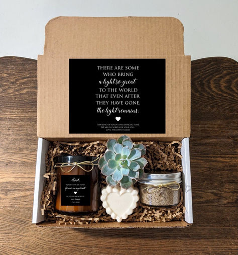 Memorial Gift Box with Candle and Succulent. Loss of parent. Personalize text and colors. Mom Dad. 8oz Soy Vanilla. Loss Of Parent, Box Regalo, Candle Quotes, Personalized Memorial Gifts, Candle Gift Box, Small Succulents, Gift Quotes, Love Mom, Personalised Box