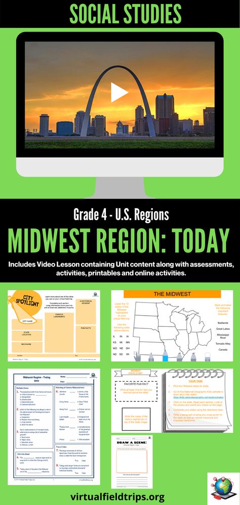 Let’s take a virtual field trip to the Midwest region. We’ll explore many of its larger cities and see some of the features that make them each unique. Then we’ll explore the landmarks of the Midwest, both natural and manmade. Click to watch a preview of our virtual field trip. You can also see the quizzes, worksheets, and activities that accompany this video. Midwest Region Activities, Midwest Region, Social Studies Curriculum, Homeschool Geography, Virtual Field Trips, Social Studies Lesson, Visual Learning, Field Trips, Reading Classroom