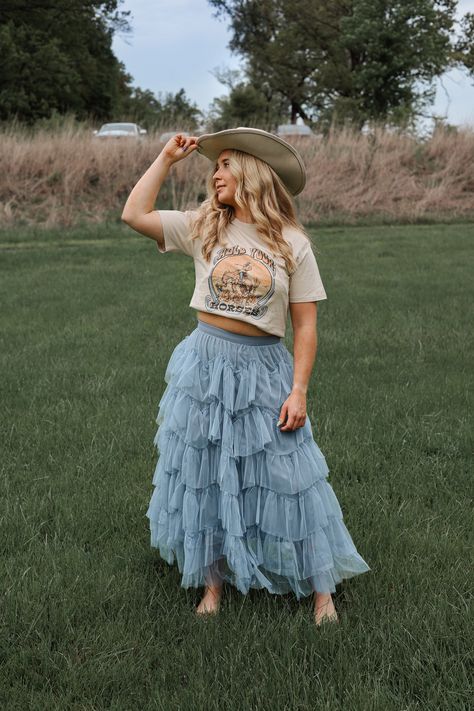 The Belle of the South Country Victorian Midi is a modern southern dream. Featuring textured and pin tucked shift material, Carolina blue color, ruffle detailing, an elastic waistband, and a tiered silhouette that falls into a ankle length cascade.  Perfect for lovers of southern and Victorian style.  Dress it up with a bodysuit or down with a graphic tee. Make it your choice for roaming meadow photoshoots, vacation trips to winery and orchards, weddings, country music festivals, cottage retreat Western Wedding Guest, Country Music Outfits, Weddings Country, Country Victorian, Country Western Wedding, Western Festival, Cottage Retreat, Cute Country Outfits, Western Style Outfits