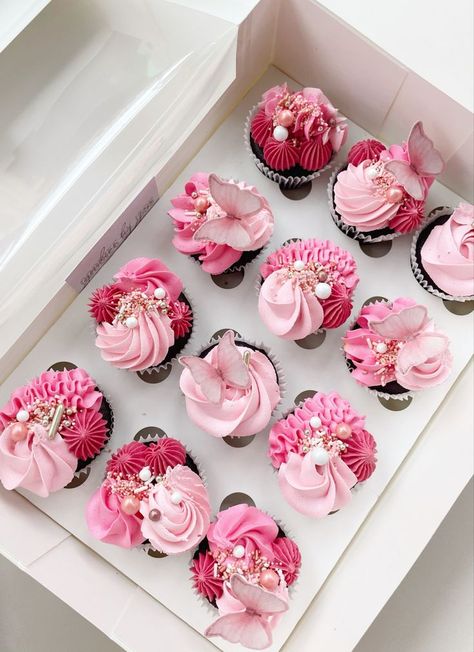 Butterflies Cupcakes Ideas, Cupcake With Butterfly, Hot Pink And Silver Cupcakes, Pink 21st Birthday Cupcakes, Pink Cupcake Decorating Ideas, Pink Themed Cupcakes, Pink Cupcake Designs, Baby Pink Cupcakes, Different Shades Of Pink Cake