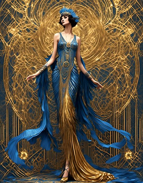 Blue and Gold Beautiful Art Deco Woman - Etsy Blue And Gold Gown, Art Deco Style Fashion, Art Deco Gown, Art Nuevo, Art Deco Portrait, Art Deco Women, Art Deco Pictures, Art Deco Illustrations, Art Deco Wall Art