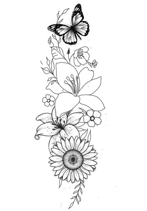 Hand Tattoos For Women Flowers, Butterfly Outline Tattoo, Outline Tattoo Ideas, Names For Women, Tattoos For Women Forearm, Tattoos Names, Front Thigh Tattoos, Arm Tattoos For Women Forearm, Butterfly With Flowers Tattoo