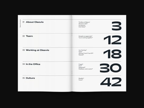 Cleevio — Handbook by Jaromir Kveton on Dribbble Table Of Contents Design Layout Creative, Contents Page Design, Table Of Contents Design, Contents Layout, Table Of Contents Page, Ppt Design, Picture Albums, Publication Design, Brand Book