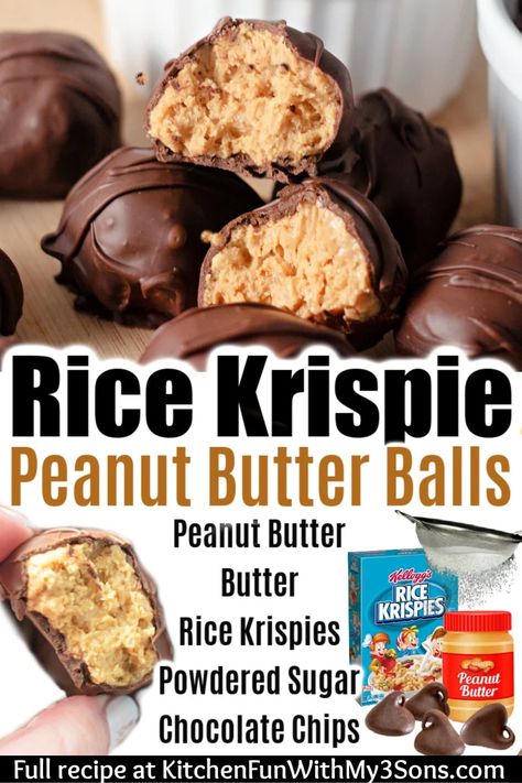 Peanut Butter Balls with Rice Krispies are a delicious little candy you can make so easily in your own kitchen. A perfect candy for the holidays, an after school snack, a party, or any time you just need a sweet chocolate-peanut butter treat. Peanut Butter Balls With Rice Krispies Recipe, Chocolate Rice Krispie Balls, Rice Krispie Peanut Butter Balls Recipe, Krispie Peanut Butter Balls, Rice Krispie Peanut Butter, Rice Krispie Balls, Peanut Balls, Xmas Baking, Peanut Butter Balls Recipe