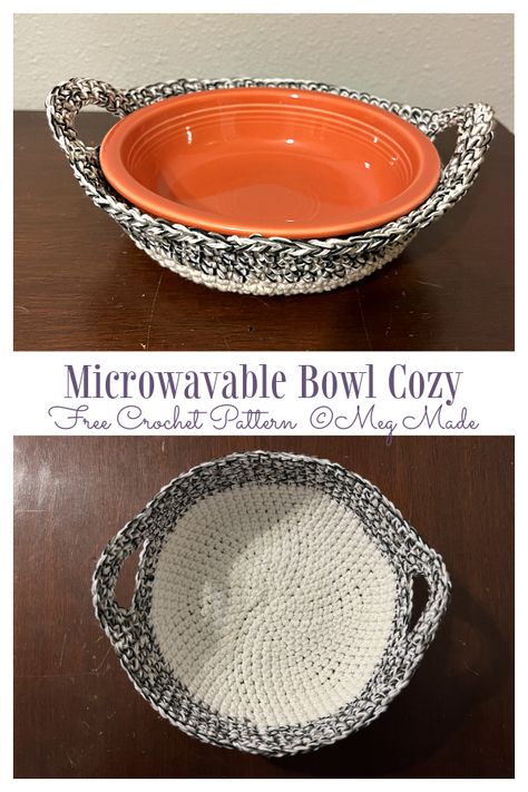 Microwavable Bowl Cozy Hot Pad Free Crochet Pattern Knitted Microwave Bowl Cozy, Microwaveable Bowl Cozy Pattern, Crochet Microwave Bowl Cozy Free Pattern, Crochet Soup Bowl Cozy Free Pattern, Crochet Crafts Free Patterns, Crochet Bowl Cozy Free Pattern, Koozie Pattern, Crochet Bowls, Household Crochet