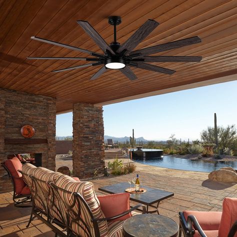 72 in.W Integrated LED Smart Ceiling Fan with Remote Control - On Sale - Bed Bath & Beyond - 39956514 Tray Ceilings Living Room, Outdoor Wood Ceiling Ideas, Outdoor Fans Ceiling Covered Patios, Under Deck Ceiling Ideas, Stained Porch Ceiling, Patio Ceiling Ideas Outdoor, Covered Porch Ceiling Ideas, Outdoor Ceiling Design, Back Porch With Fireplace