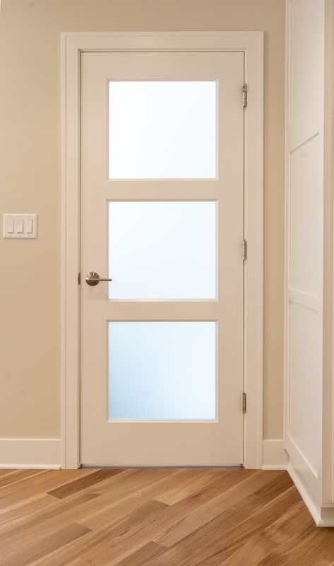 Trustile 3 panel frosted glass door brushed nickel ball bearing hinges White Interior Doors With Glass Panels, Frosted Interior Doors, Frosted Bathroom Door, Interior Doors Styles, Frosted Door, Glass Bathroom Door, Panel Doors Interior, Glass Panel Doors, Windowless Bathroom