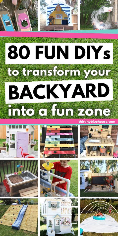 Create a fun and engaging play space for the kids with these DIY backyard ideas for kids that will transform your boring backyard into an outrageously fun zone kids actually want to spend hours playing with. Outdoor Diy Kids Play Backyard Ideas, Outdoor Sensory Play Ideas For Kids, Preschool Outdoor Play Area, Pallet Kids Outdoor, Diy Playset Outdoor, Outside Activities For Toddlers, Kid Friendly Backyard Ideas, Diy Backyard Ideas For Kids, Backyard Ideas For Kids