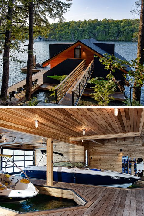 Boathouse Design, Boat Garage, Cottage Backyard, Lake Dock, Lakeside Living, Boat House, Lake Cottage, Floating House, Small Homes