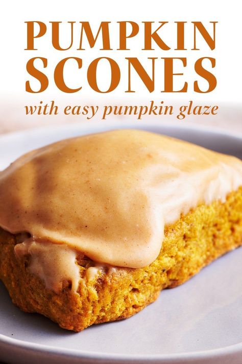 Begin your mornings this fall with these easy Pumpkin Scones topped with a simple homemade pumpkin glaze. From-scratch scones made with buttermilk that are perfectly spiced, flaky, buttery and crisp. Perfect with a cup of coffee! #pumpkinscones #scones Gf Pumpkin Scones Gluten Free, Irish Breads, Gf Scones, Pumpkin Glaze, Starbucks Pumpkin Scones, Recipe With Pumpkin, Food Room, Fall Hygge, Basic Scones