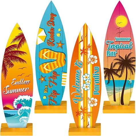 Summer Table Centerpieces, Summer Wood Sign, Surfboard Table, Tropical Centerpieces, Surfboard Decor, Wooden Surfboard, Beach Table, Surfboard Wall, Beach Themed Party