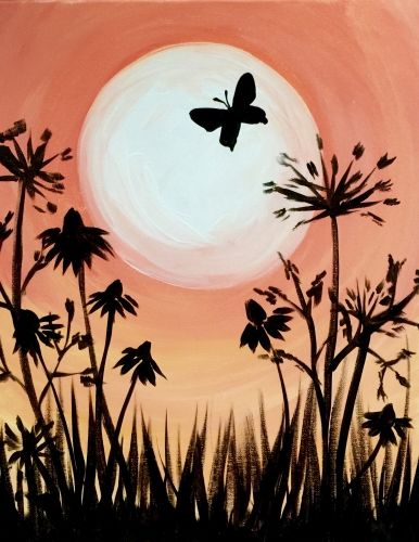 Learn to Paint Peach Sky And A Butterfly tonight at Paint Nite! Our artists know exactly how to teach painters of all levels - give it a try! Painting Ideas With Butterflies, Couple Glasses, Butterfly Paintings, Butterfly Art Painting, Free Tickets, Silhouette Painting, Paint Nite, Simple Canvas Paintings, Cat Air