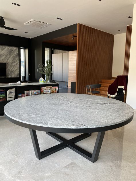 2m diameter granite dining table with steel base. Outdoor Granite Table, Round Granite Dining Table, Granite Dining Table Ideas, Granite Top Dining Table, Granite Dining Table, Granite Table Top, Diy Wall Design, Round Outdoor Dining Table, Granite Table