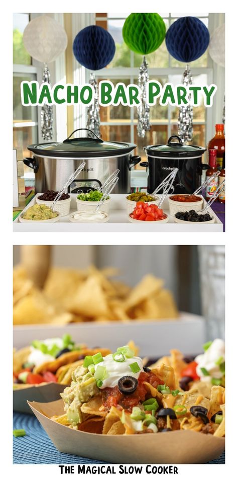 Potluck Bars Ideas, Superbowl Snacks Crockpot, Super Bowl Party For Seniors, Nachos Board Ideas, Make Your Own Nachos Bar, Cheap Way To Feed A Crowd, Nacho Bar Toppings List, Staff Food Bar Ideas, Side Dishes For Nacho Bar