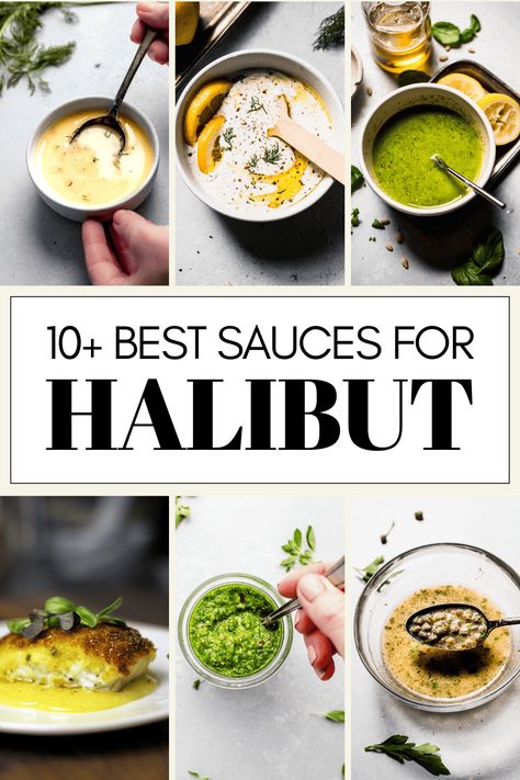 Looking to enhance your halibut dish? Try these 10+ delicious sauces! From classic lemon butter, to zesty chimichurri, and more! These are the BEST sauces for halibut. Herb Crusted Halibut, Halibut Sauce Recipes, Herb Sauce For Fish, Sauce For Halibut, Parmesan Crusted Halibut Recipe, Poached Halibut, Mango Habanero Sauce, Seafood Sauce Recipe, Best Sauces