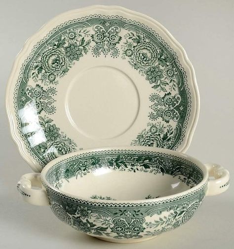 Burgenland Green Footed Cream Soup Bowl & Saucer Set by Villeroy & Boch | Replacements, Ltd. Green Transferware, Vintage Dishes Antiques, Green Dinnerware, Antique Tea Sets, Green China, Tiered Serving Trays, Cream Soup, England Wedding, Antique Tea