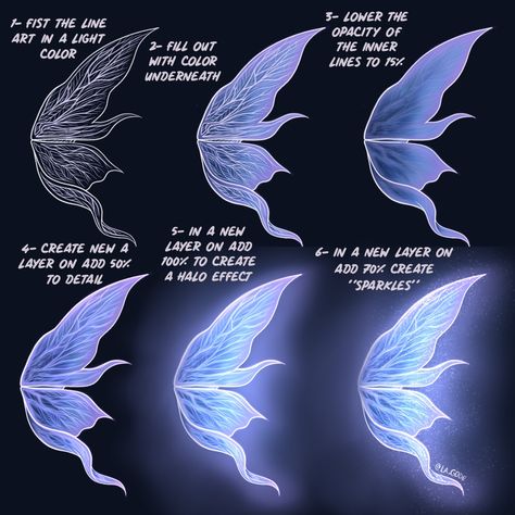 Unveil the enchantment of digital art as you follow a detailed Procreate tutorial. Discover the step-by-step process to craft charming fairy wings that radiate an ethereal glow in the dark. Illuminate your imagination and create luminous magic on your screen Fairy Wing Reference, Arm Wings Drawing, Wing Base Drawing, How To Draw Fairy Wings, Fairy Wings Reference, Fairy Wing Designs, Glowing Wings, Fairy Wings Drawing, Glowing Fairy