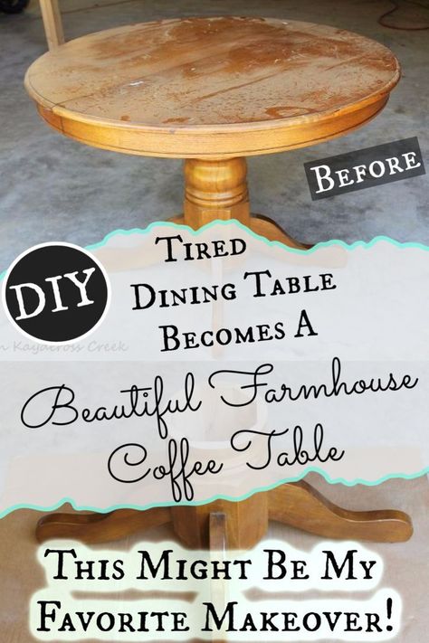 DIY Upcycled Farmhouse Coffee Table Makeover Idea Round Dining Table To Coffee Table, Repurposed Oak Table, Turning A Round Kitchen Table Into A Coffee Table, Refurbished Oak Coffee Table, Dining Table To Coffee Table Diy, Old Round Table Makeover, Diy Oak Coffee Table, Antique Round Coffee Table, Round Oak Coffee Table