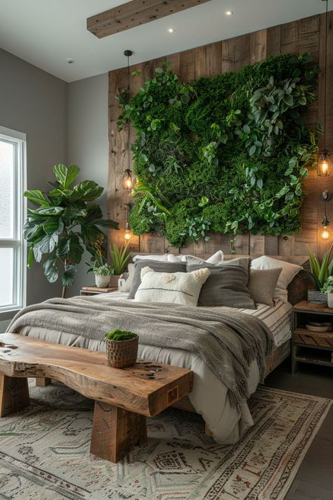 Modern bedroom with a green wall adding tranquility. Cozy Bedroom With Plants, Garden Rooftop, Tranquil Bedroom, Unique Bedroom, Bedroom Cozy, Bedding Inspiration, Modern Luxury Bedroom, Knotty Pine, Modern Eclectic