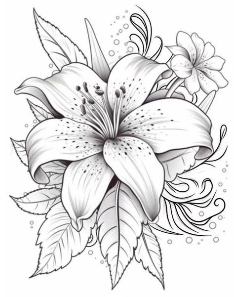 Cool Flower Designs, Tattoo Flower Stencil, Floral Drawing Ideas, Lily Tattoo Stencil, One Color Drawing, Flower Drawing Color, Floral Art Drawing, Flowers Art Drawing, Flower Draw