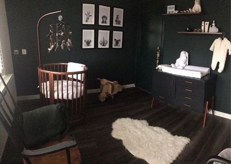 Top 10 Black Nurseries - Trend Roundup — Alphadorable | Custom nursery art and decor Boho Goth Nursery, Dark Nursery Furniture, Room With Black Walls, Stokke Sleepi Crib, Gothic Nursery, Dark Nursery, Victorian Nursery, Round Cribs, Black Nursery