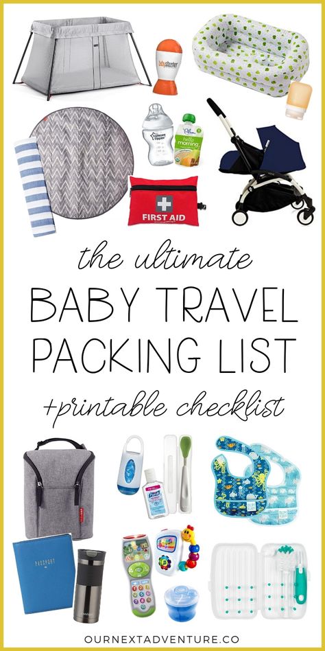 Traveling with a baby? Read our ultimate baby travel packing list with all the essentials you might possibly need (+a free printable checklist!) #babytravel #packinglist #printable #familytravel // First Trip with Baby | Flying with a Baby | What to Pack for Baby | Baby Travel Checklist | Baby Travel Gear | Baby Travel Essentials | Flying with Baby Tips | Vacation Packing List | Infant Travel | Printable Baby Packing List Baby Packing List Travel, Baby Travel Checklist, Travel Packing List Printable, Baby Packing List, Holiday Packing Lists, Baby Vacation, Traveling With A Baby, Travel Packing Checklist, Baby Travel Gear