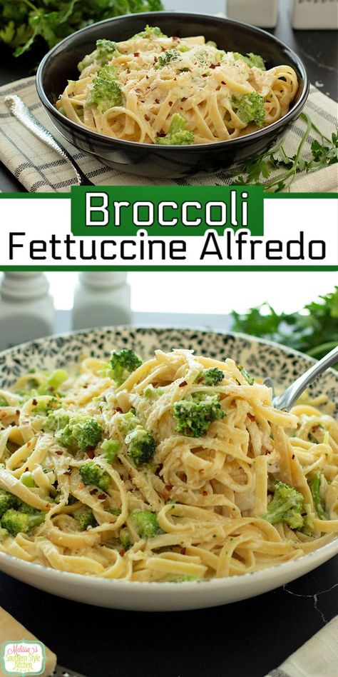 This creamy Broccoli Fettuccine Alfredo features a quick and easy Alfredo sauce combined with tender broccoli florets and al dente fettuccine. #alfredosauce #broccoliafredo #broccolifettuccinealfredo #pastarecipes via @melissasssk Vegetable Fettuccine Alfredo, Fettuccini Alfredo With Broccoli, Vegetable Alfredo Pasta, Quick And Easy Alfredo Sauce, Broccoli Fettuccine Alfredo, Brocolli Cheese, 1st Cruise, Fettuccine Alfredo Sauce, Easy Alfredo Sauce