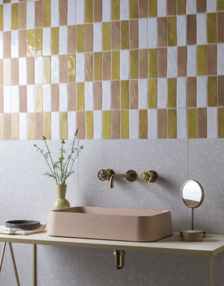 Colour Blocking with Tiles | Mandarin Stone Tile Laying Patterns, Formed Concrete, Indoor Outdoor Bathroom, Modular Tile, Mandarin Stone, Interior Boho, Tile Spacers, Yellow Tile, Concrete Basin